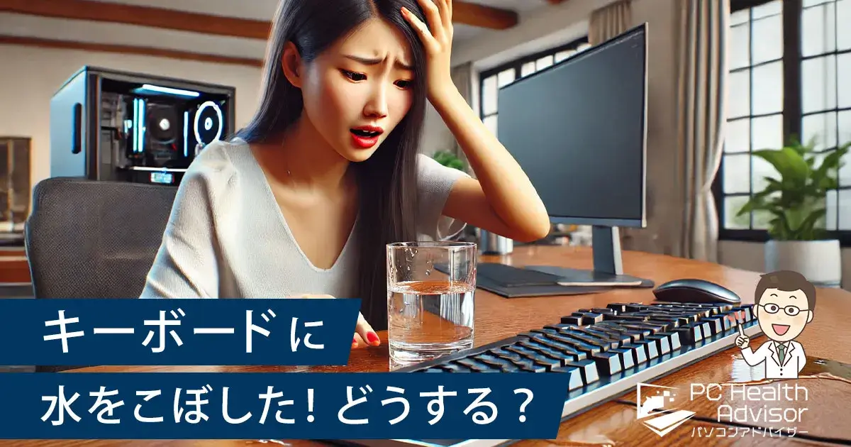 キーボードに水をこぼしたて誤動作するので焦っている女性